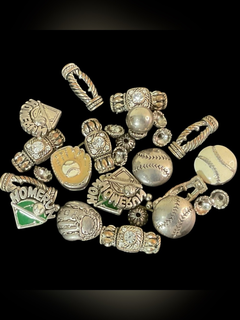 Baseball Theme Bead Lot Silver Tone Sports Glove Ball Home Run Jewelry Crafting